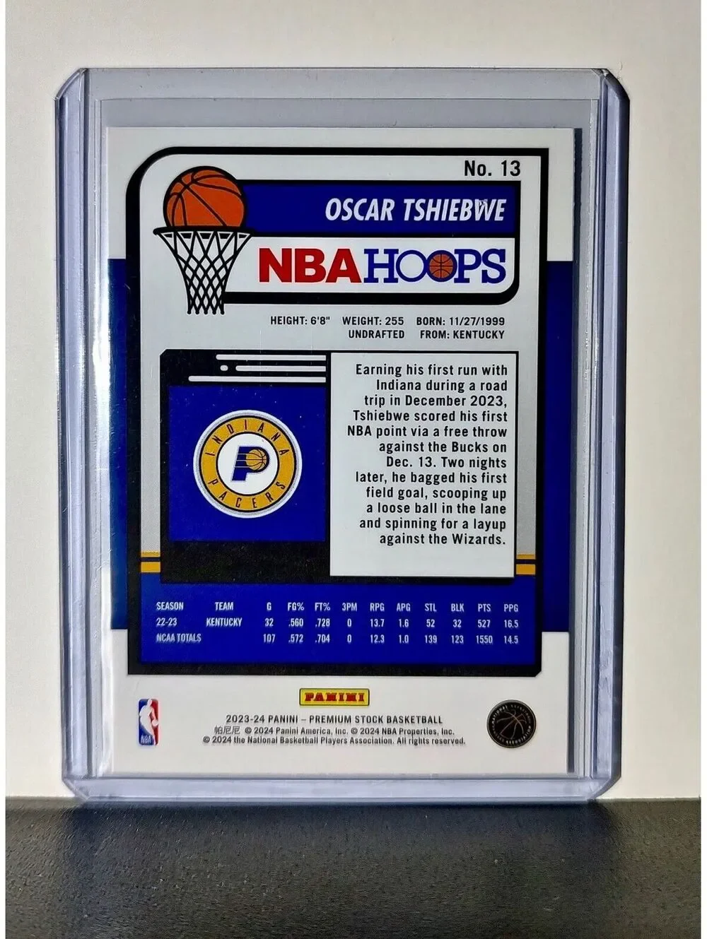 Oscar Tshiebwe 2023-24 Panini Premium Stock NBA Hoops #13 Rookie Card Pacers